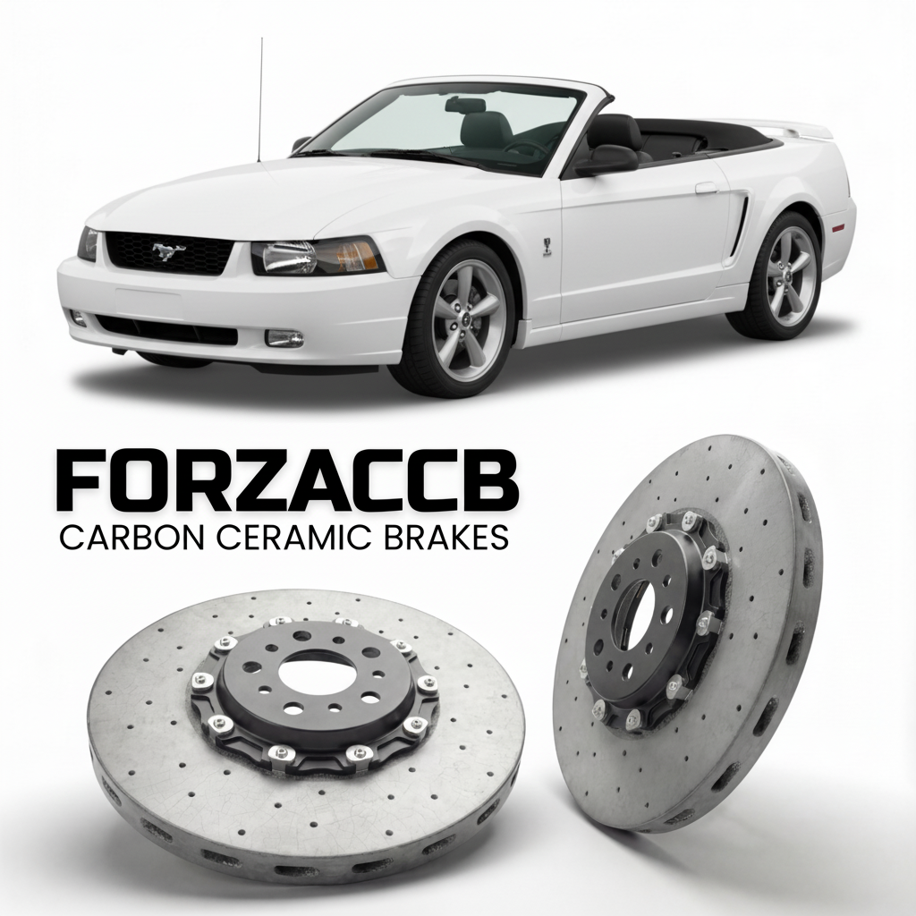 ForzaCCB direct OEM replacement carbon ceramic brake rotors for 2005 to 2005 Ford Mustang Convertible IV models, shown with a white Ford Mustang car.