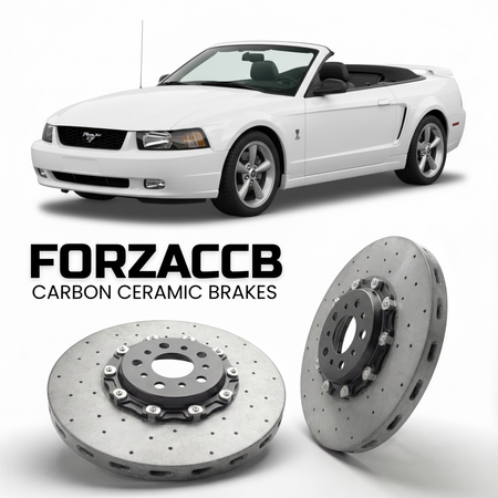ForzaCCB direct OEM replacement carbon ceramic brake rotors for 2005 to 2005 Ford Mustang Convertible IV models, shown with a white Ford Mustang car.