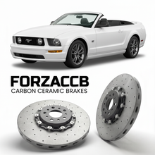 ForzaCCB direct OEM replacement carbon ceramic brake rotors for 2005 to 2009 Ford Mustang Convertible V models, shown with a white Ford Mustang car.