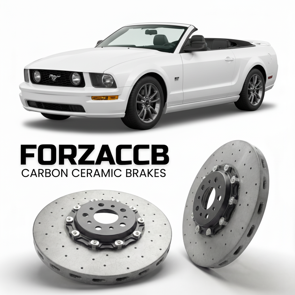 ForzaCCB direct OEM replacement carbon ceramic brake rotors for 2005 to 2009 Ford Mustang Convertible V models, shown with a white Ford Mustang car.