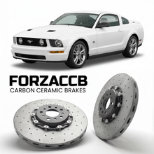 ForzaCCB direct OEM replacement carbon ceramic brake rotors for 2005 to 2009 Ford Mustang V models, shown with a white Ford Mustang car.