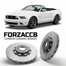 ForzaCCB direct OEM replacement carbon ceramic brake rotors for 2009-2012) Ford Mustang Convertible V (facelift 2009 models, shown with a white Ford Mustang car.