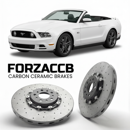 ForzaCCB direct OEM replacement carbon ceramic brake rotors for 2009-2012) Ford Mustang Convertible V (facelift 2009 models, shown with a white Ford Mustang car.