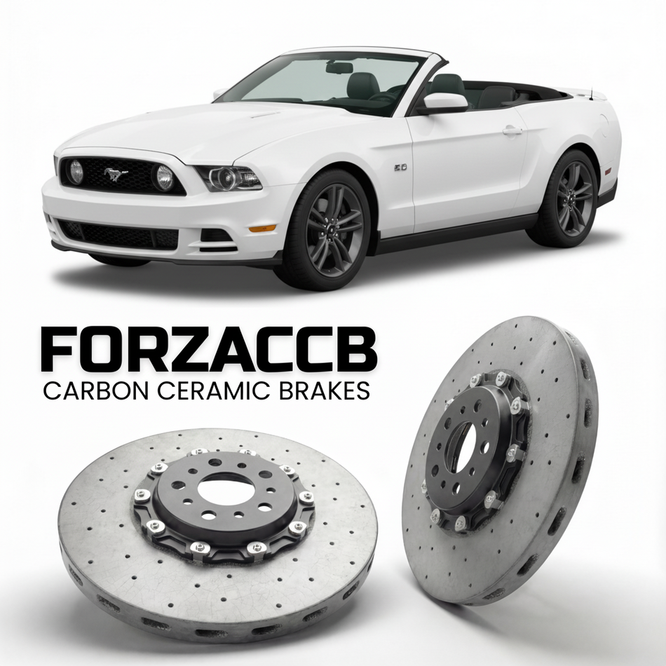ForzaCCB direct OEM replacement carbon ceramic brake rotors for 2009-2012) Ford Mustang Convertible V (facelift 2009 models, shown with a white Ford Mustang car.