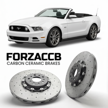 ForzaCCB direct OEM replacement carbon ceramic brake rotors for 2012-2014) Ford Mustang Convertible V (facelift 2012 models, shown with a white Ford Mustang car.