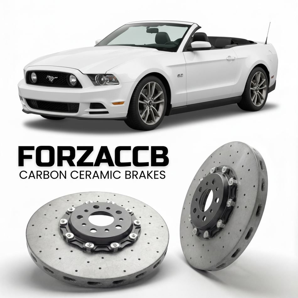 ForzaCCB direct OEM replacement carbon ceramic brake rotors for 2012-2014) Ford Mustang Convertible V (facelift 2012 models, shown with a white Ford Mustang car.