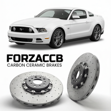 ForzaCCB direct OEM replacement carbon ceramic brake rotors for 2012-2014) Ford Mustang V (facelift 2012 models, shown with a white Ford Mustang car.