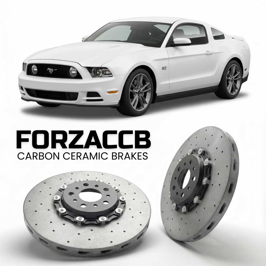 ForzaCCB direct OEM replacement carbon ceramic brake rotors for 2012-2014) Ford Mustang V (facelift 2012 models, shown with a white Ford Mustang car.