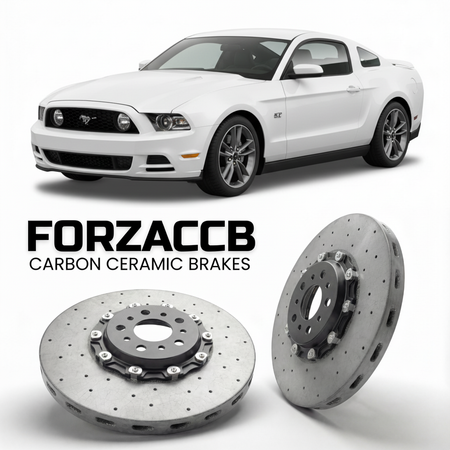 ForzaCCB direct OEM replacement carbon ceramic brake rotors for 2012-2014) Ford Mustang V (facelift 2012 models, shown with a white Ford Mustang car.