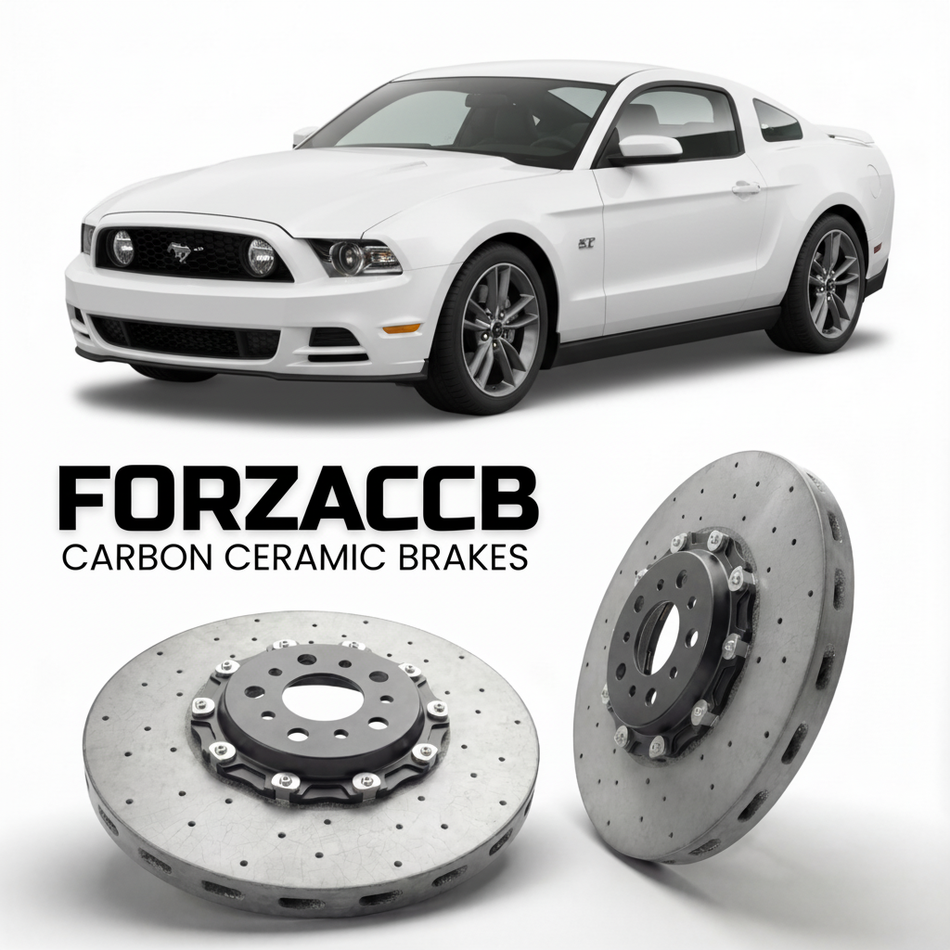ForzaCCB direct OEM replacement carbon ceramic brake rotors for 2012-2014) Ford Mustang V (facelift 2012 models, shown with a white Ford Mustang car.