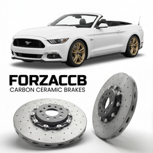 ForzaCCB direct OEM replacement carbon ceramic brake rotors for 2015 to 2017 Ford Mustang Convertible VI models, shown with a white Ford Mustang car.