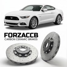 ForzaCCB direct OEM replacement carbon ceramic brake rotors for 2015 to 2017 Ford Mustang VI models, shown with a white Ford Mustang car.