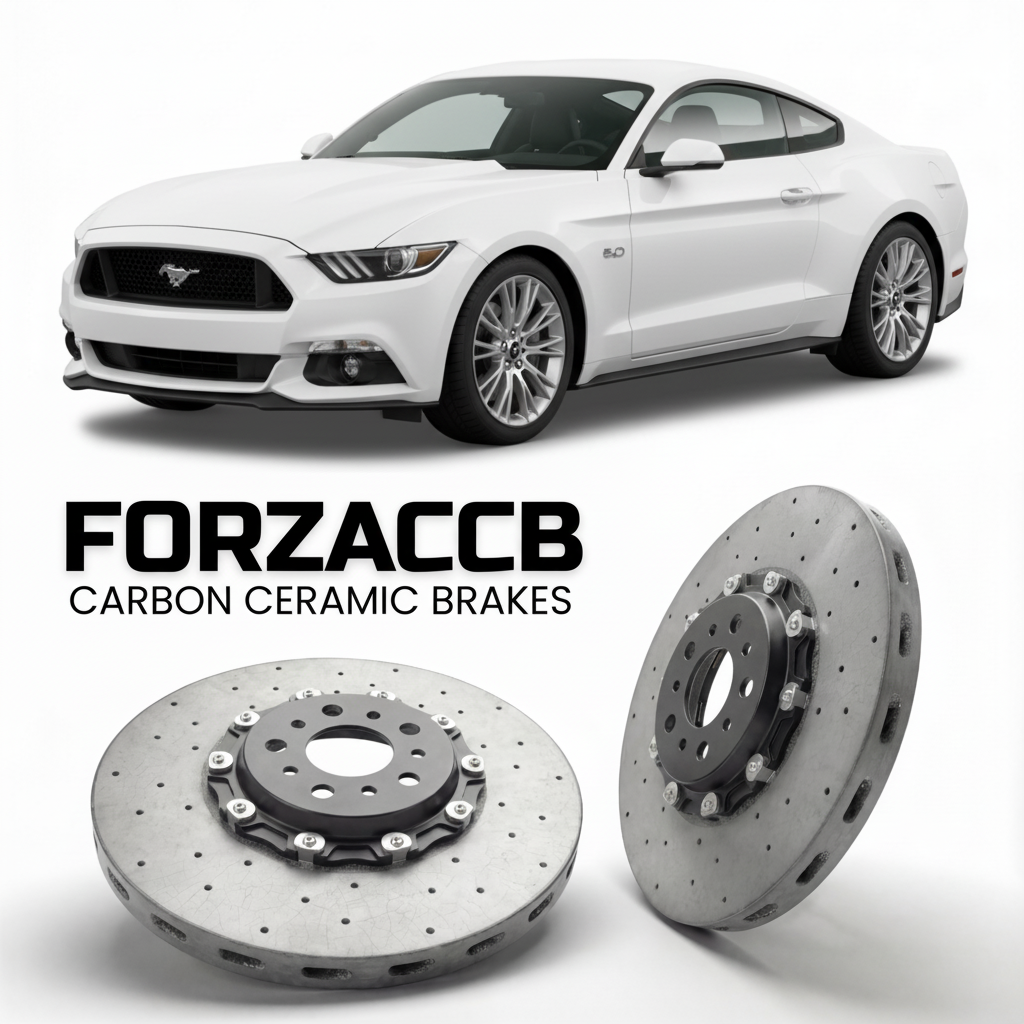 ForzaCCB direct OEM replacement carbon ceramic brake rotors for 2015 to 2017 Ford Mustang VI models, shown with a white Ford Mustang car.