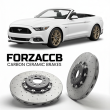 ForzaCCB direct OEM replacement carbon ceramic brake rotors for 2017-2023) Ford Mustang Convertible VI (facelift 2017 models, shown with a white Ford Mustang car.