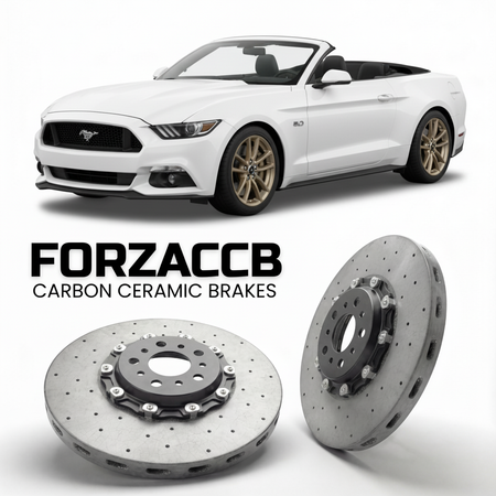 ForzaCCB direct OEM replacement carbon ceramic brake rotors for 2017-2023) Ford Mustang Convertible VI (facelift 2017 models, shown with a white Ford Mustang car.