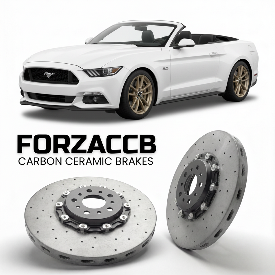 ForzaCCB direct OEM replacement carbon ceramic brake rotors for 2017-2023) Ford Mustang Convertible VI (facelift 2017 models, shown with a white Ford Mustang car.