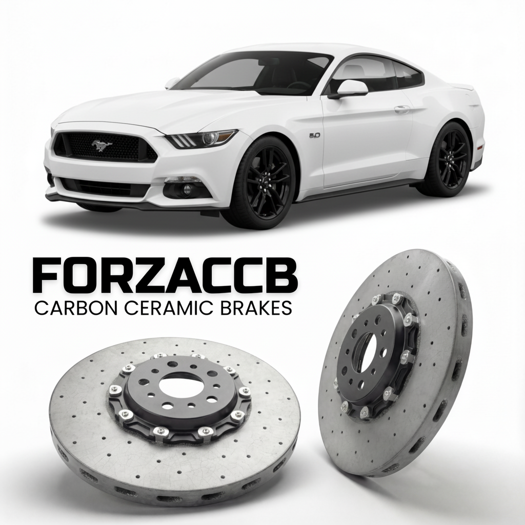 ForzaCCB direct OEM replacement carbon ceramic brake rotors for 2017-2023) Ford Mustang VI (facelift 2017 models, shown with a white Ford Mustang car.