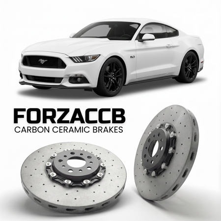 ForzaCCB direct OEM replacement carbon ceramic brake rotors for 2017-2023) Ford Mustang VI (facelift 2017 models, shown with a white Ford Mustang car.