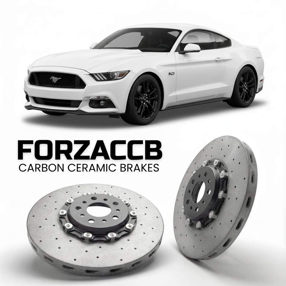 ForzaCCB direct OEM replacement carbon ceramic brake rotors for 2017-2023) Ford Mustang VI (facelift 2017 models, shown with a white Ford Mustang car.