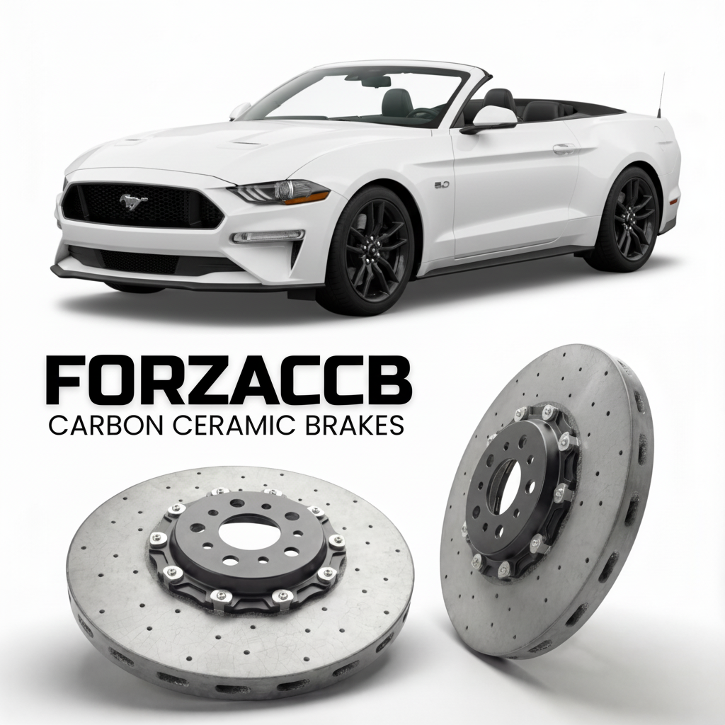 ForzaCCB direct OEM replacement carbon ceramic brake rotors for 2023 and newer Ford Mustang Convertible VII models, shown with a white Ford Mustang car.
