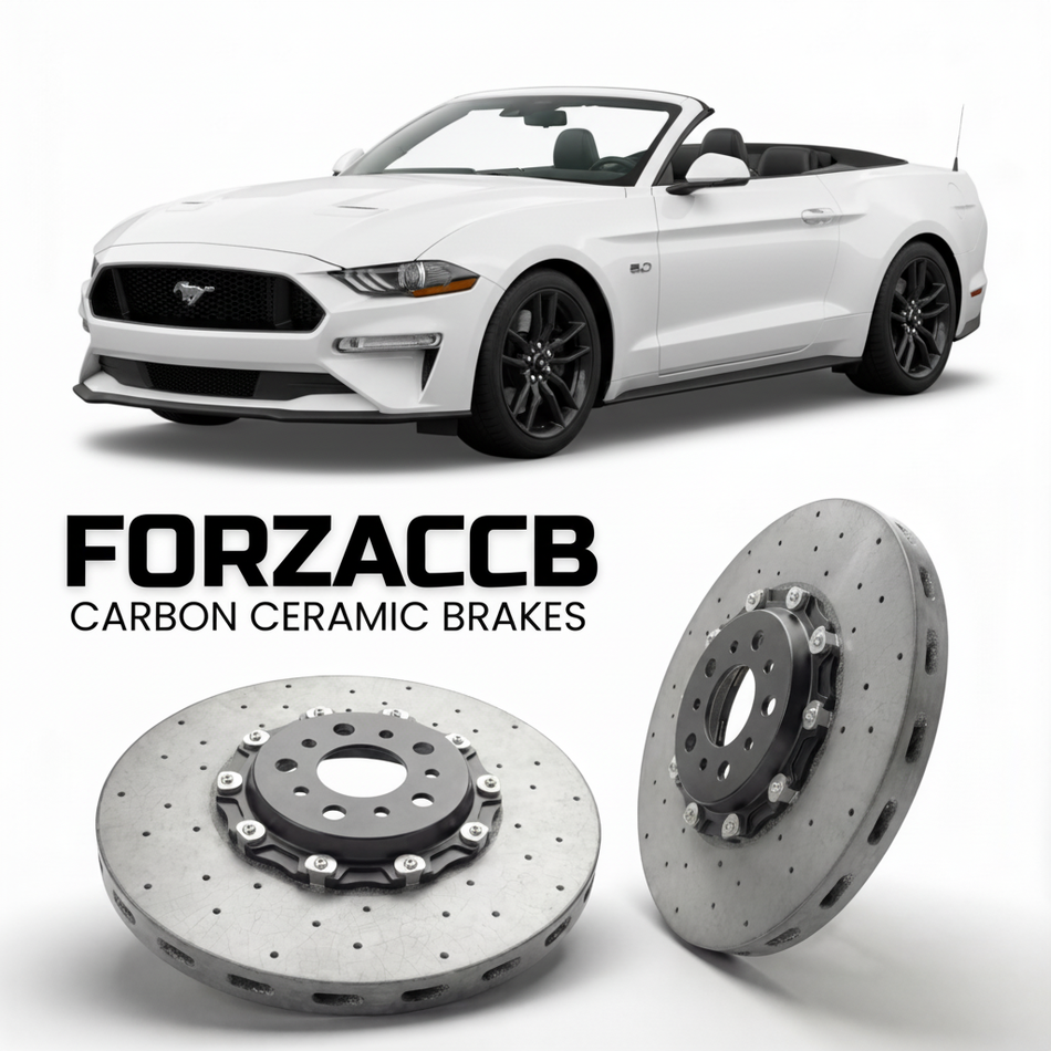 ForzaCCB direct OEM replacement carbon ceramic brake rotors for 2023 and newer Ford Mustang Convertible VII models, shown with a white Ford Mustang car.