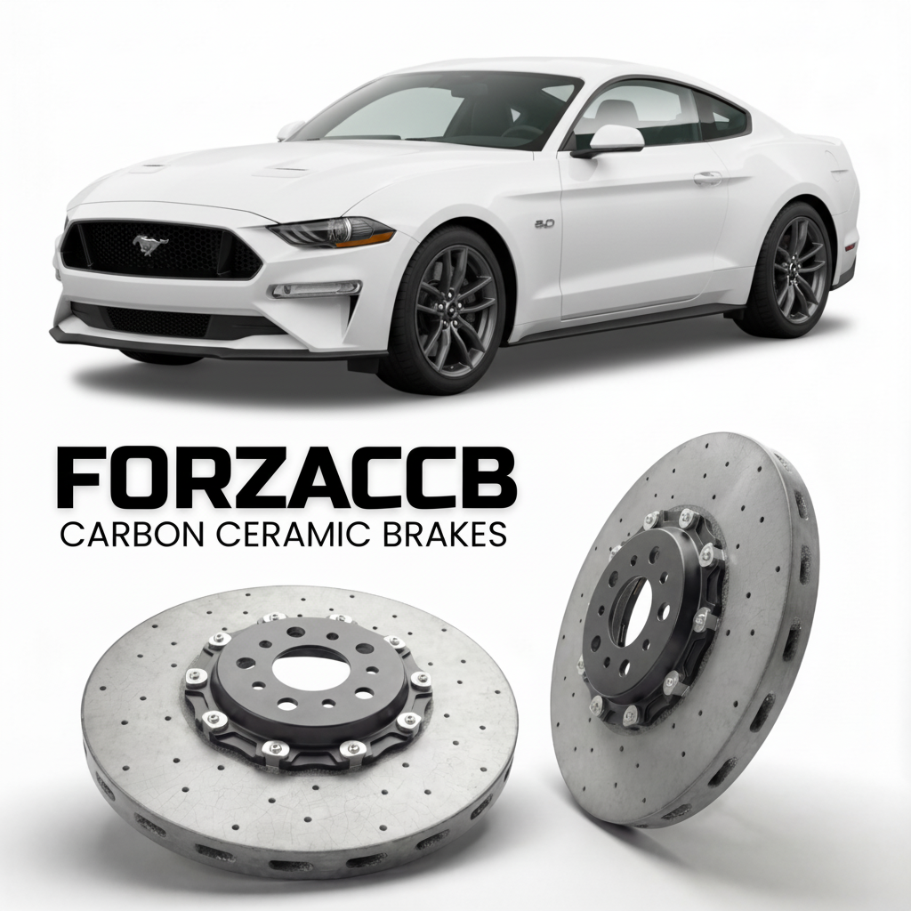 ForzaCCB direct OEM replacement carbon ceramic brake rotors for 2023 and newer Ford Mustang VII models, shown with a white Ford Mustang car.
