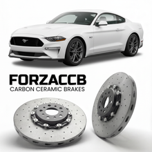 ForzaCCB direct OEM replacement carbon ceramic brake rotors for 2023 and newer Ford Mustang VII models, shown with a white Ford Mustang car.