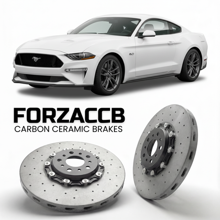 ForzaCCB direct OEM replacement carbon ceramic brake rotors for 2023 and newer Ford Mustang VII models, shown with a white Ford Mustang car.