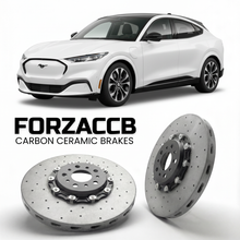 ForzaCCB direct OEM replacement carbon ceramic brake rotors for 2020 and newer Ford Mustang Mach-E models, shown with a white Ford Mustang Mach-E car.