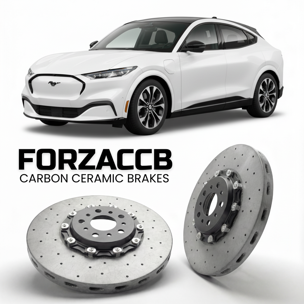 ForzaCCB direct OEM replacement carbon ceramic brake rotors for 2020 and newer Ford Mustang Mach-E models, shown with a white Ford Mustang Mach-E car.
