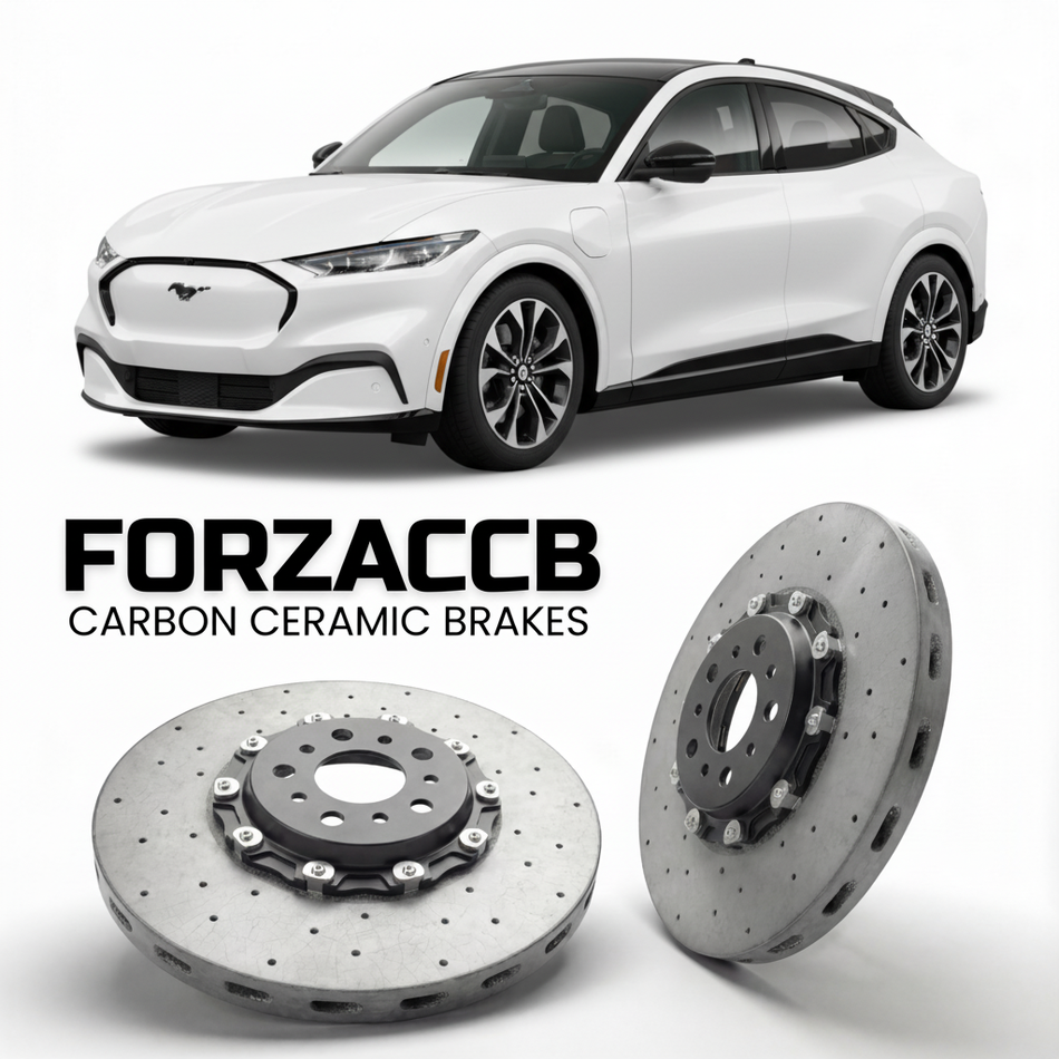 ForzaCCB direct OEM replacement carbon ceramic brake rotors for 2020 and newer Ford Mustang Mach-E models, shown with a white Ford Mustang Mach-E car.