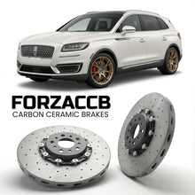 ForzaCCB direct OEM replacement carbon ceramic brake rotors for 2018 to 2020 Lincoln Nautilus models, shown with a white Lincoln Nautilus car.