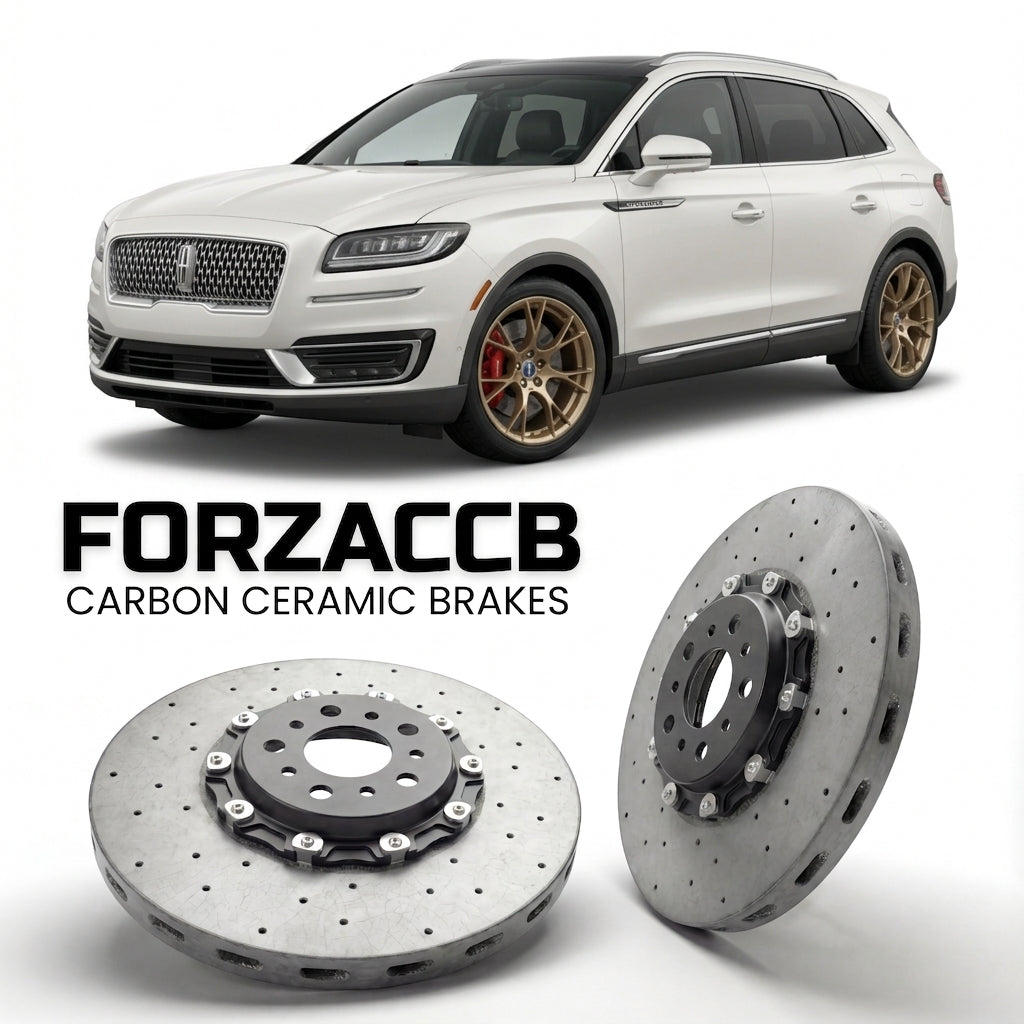 ForzaCCB direct OEM replacement carbon ceramic brake rotors for 2018 to 2020 Lincoln Nautilus models, shown with a white Lincoln Nautilus car.