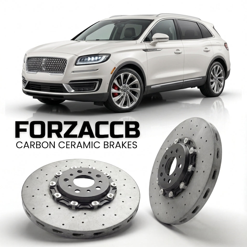 ForzaCCB direct OEM replacement carbon ceramic brake rotors for 2020-2023) Lincoln Nautilus I (facelift 2020 models, shown with a white Lincoln Nautilus car.