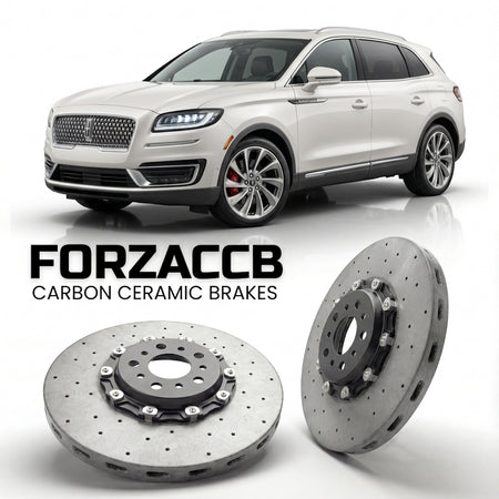 ForzaCCB direct OEM replacement carbon ceramic brake rotors for 2020-2023) Lincoln Nautilus I (facelift 2020 models, shown with a white Lincoln Nautilus car.
