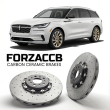 ForzaCCB direct OEM replacement carbon ceramic brake rotors for 2023 and newer Lincoln Nautilus II models, shown with a white Lincoln Nautilus car.
