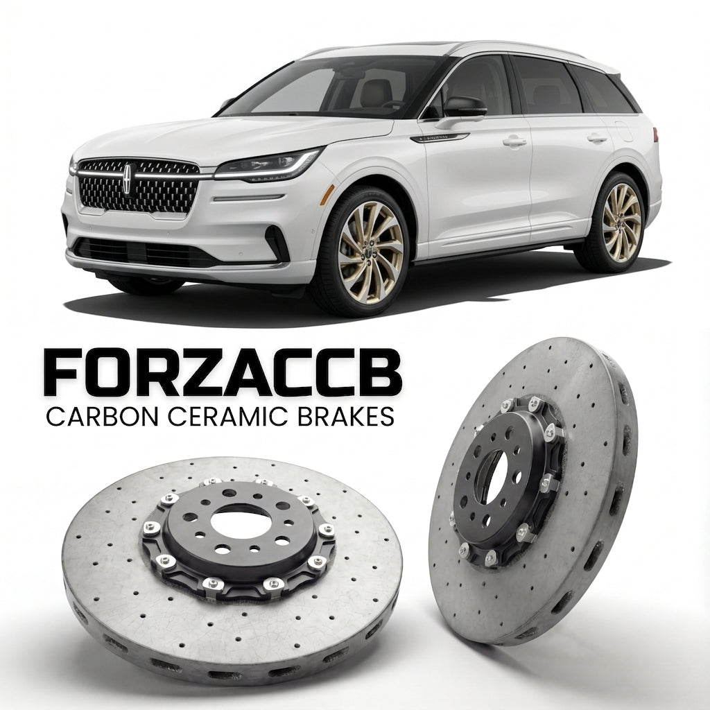 ForzaCCB direct OEM replacement carbon ceramic brake rotors for 2023 and newer Lincoln Nautilus II models, shown with a white Lincoln Nautilus car.