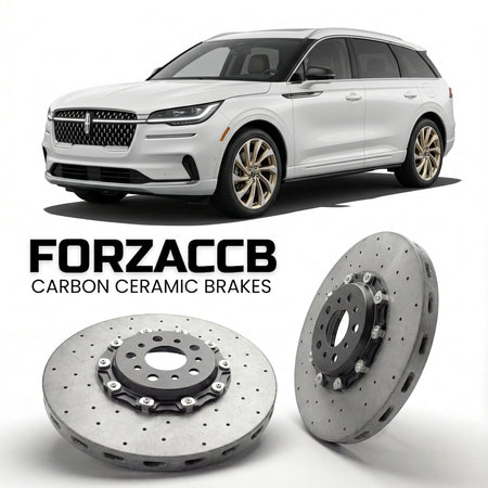 ForzaCCB direct OEM replacement carbon ceramic brake rotors for 2023 and newer Lincoln Nautilus II models, shown with a white Lincoln Nautilus car.