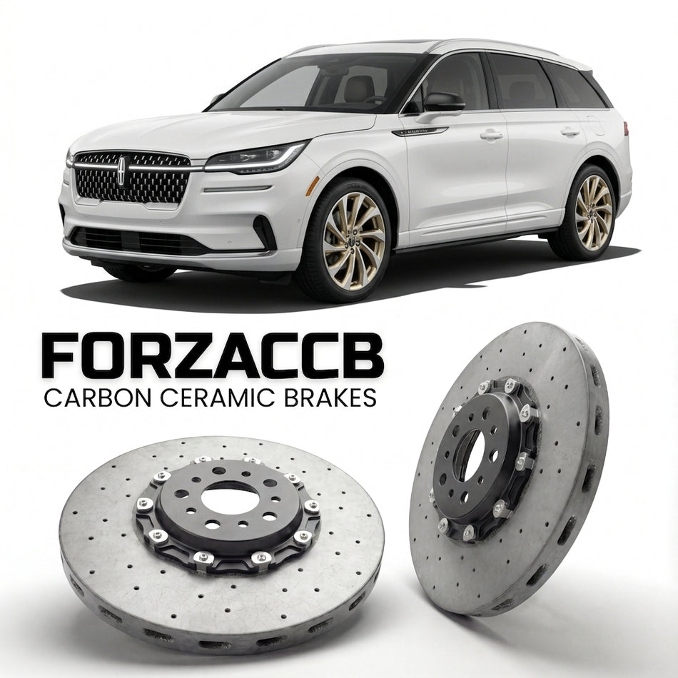 ForzaCCB direct OEM replacement carbon ceramic brake rotors for 2023 and newer Lincoln Nautilus II models, shown with a white Lincoln Nautilus car.
