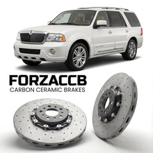 ForzaCCB direct OEM replacement carbon ceramic brake rotors for 2005 to 2006 Lincoln Navigator II models, shown with a white Lincoln Navigator car.