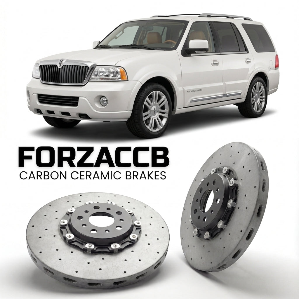 ForzaCCB direct OEM replacement carbon ceramic brake rotors for 2005 to 2006 Lincoln Navigator II models, shown with a white Lincoln Navigator car.