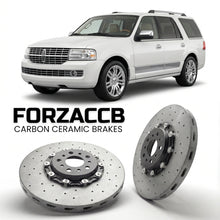ForzaCCB direct OEM replacement carbon ceramic brake rotors for 2006 to 2014 Lincoln Navigator III models, shown with a white Lincoln Navigator car.