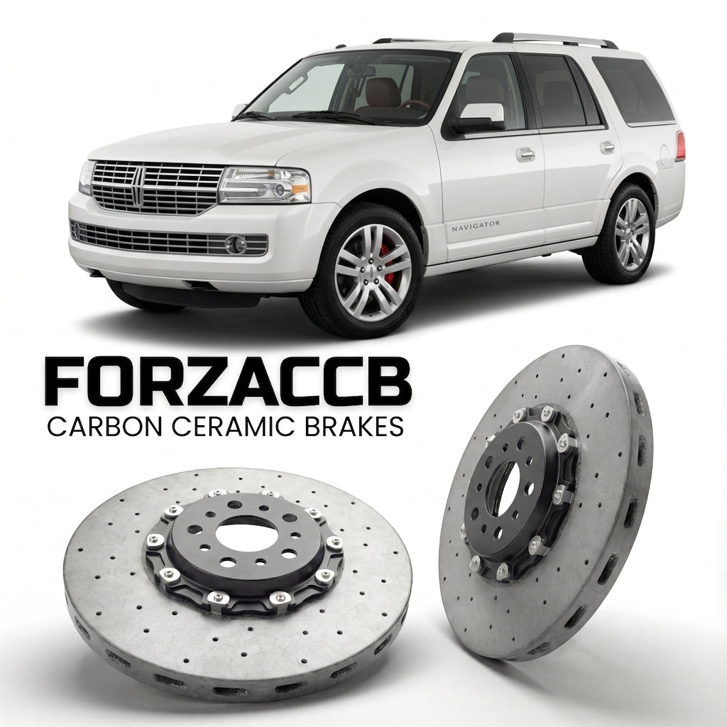 ForzaCCB direct OEM replacement carbon ceramic brake rotors for 2006 to 2014 Lincoln Navigator III L models, shown with a white Lincoln Navigator car.