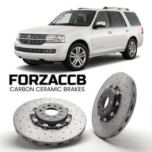ForzaCCB direct OEM replacement carbon ceramic brake rotors for 2006 to 2014 Lincoln Navigator III L models, shown with a white Lincoln Navigator car.