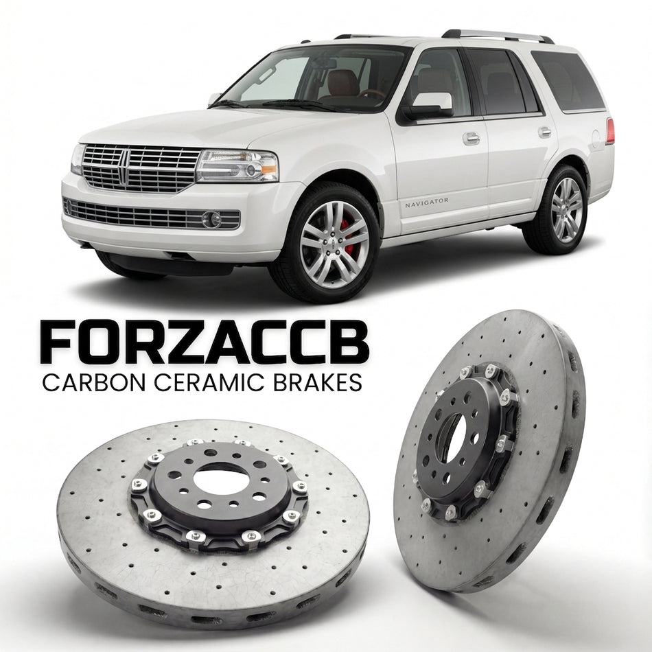 ForzaCCB direct OEM replacement carbon ceramic brake rotors for 2006 to 2014 Lincoln Navigator III L models, shown with a white Lincoln Navigator car.