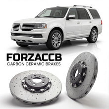 ForzaCCB direct OEM replacement carbon ceramic brake rotors for 2014-2017) Lincoln Navigator III (facelift 2015 models, shown with a white Lincoln Navigator car.