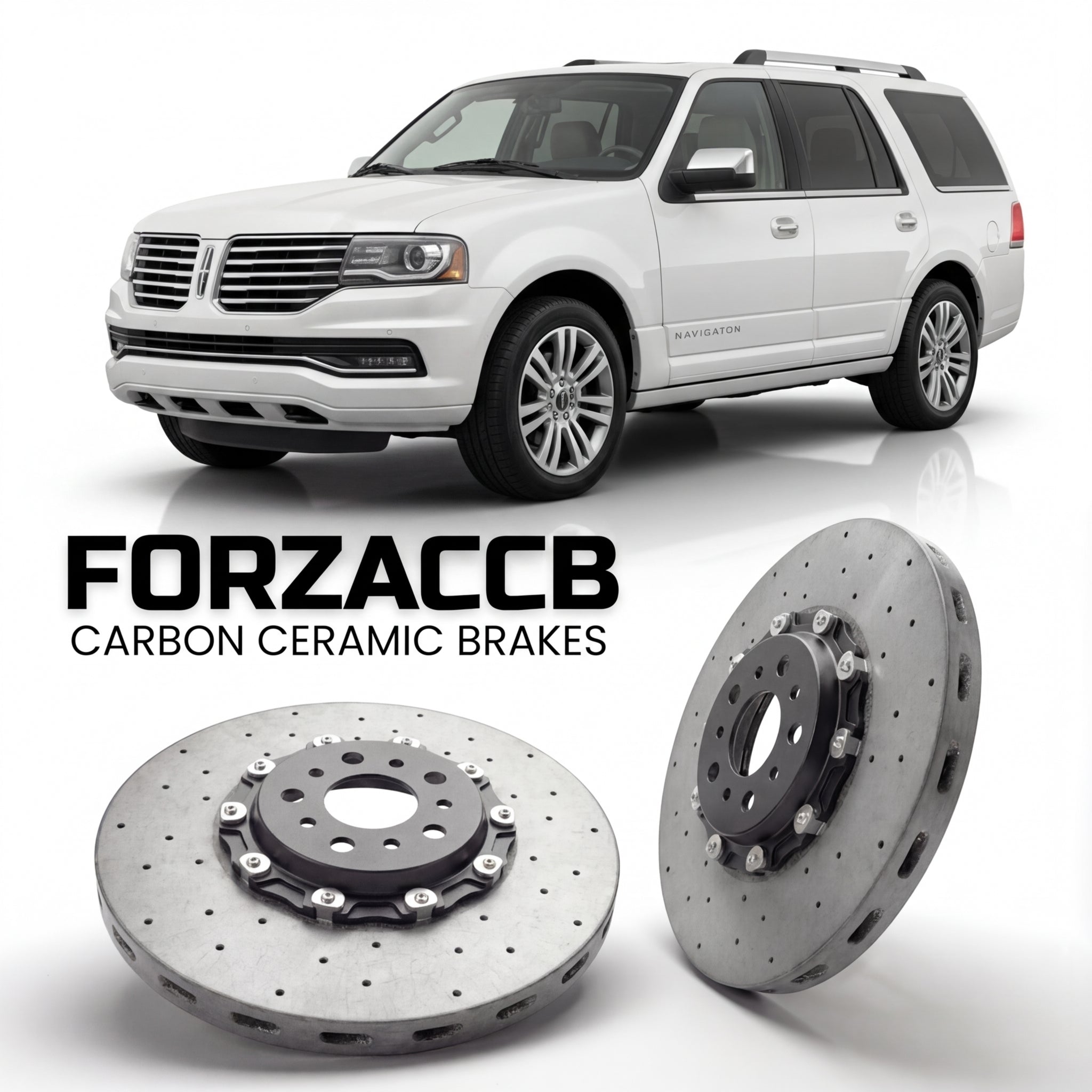ForzaCCB direct OEM replacement carbon ceramic brake rotors for 2014-2017) Lincoln Navigator III (facelift 2015 models, shown with a white Lincoln Navigator car.