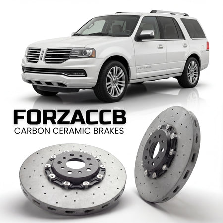 ForzaCCB direct OEM replacement carbon ceramic brake rotors for 2014-2017) Lincoln Navigator III (facelift 2015 models, shown with a white Lincoln Navigator car.
