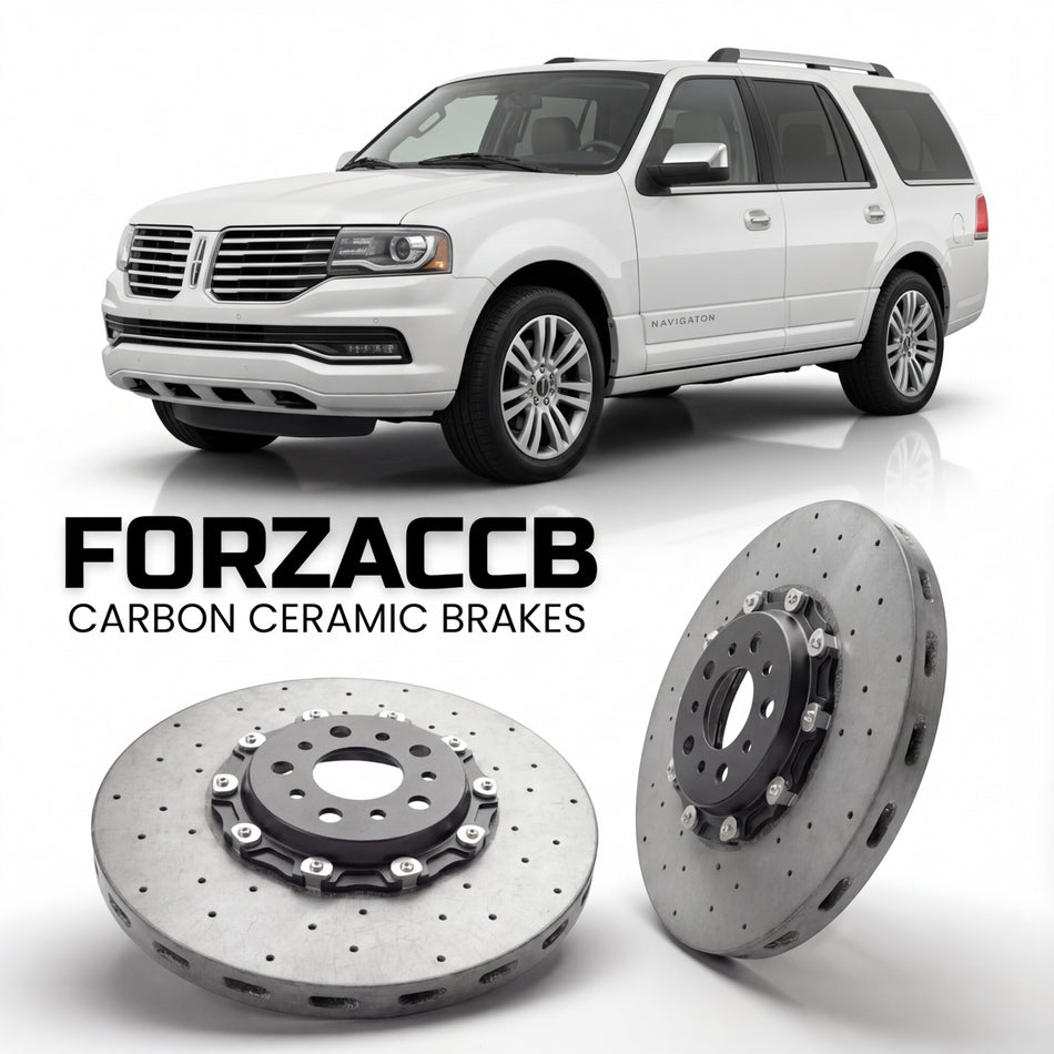 ForzaCCB direct OEM replacement carbon ceramic brake rotors for 2014-2017) Lincoln Navigator III (facelift 2015 models, shown with a white Lincoln Navigator car.