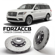ForzaCCB direct OEM replacement carbon ceramic brake rotors for 2017 to 2021 Lincoln Navigator IV models, shown with a white Lincoln Navigator car.